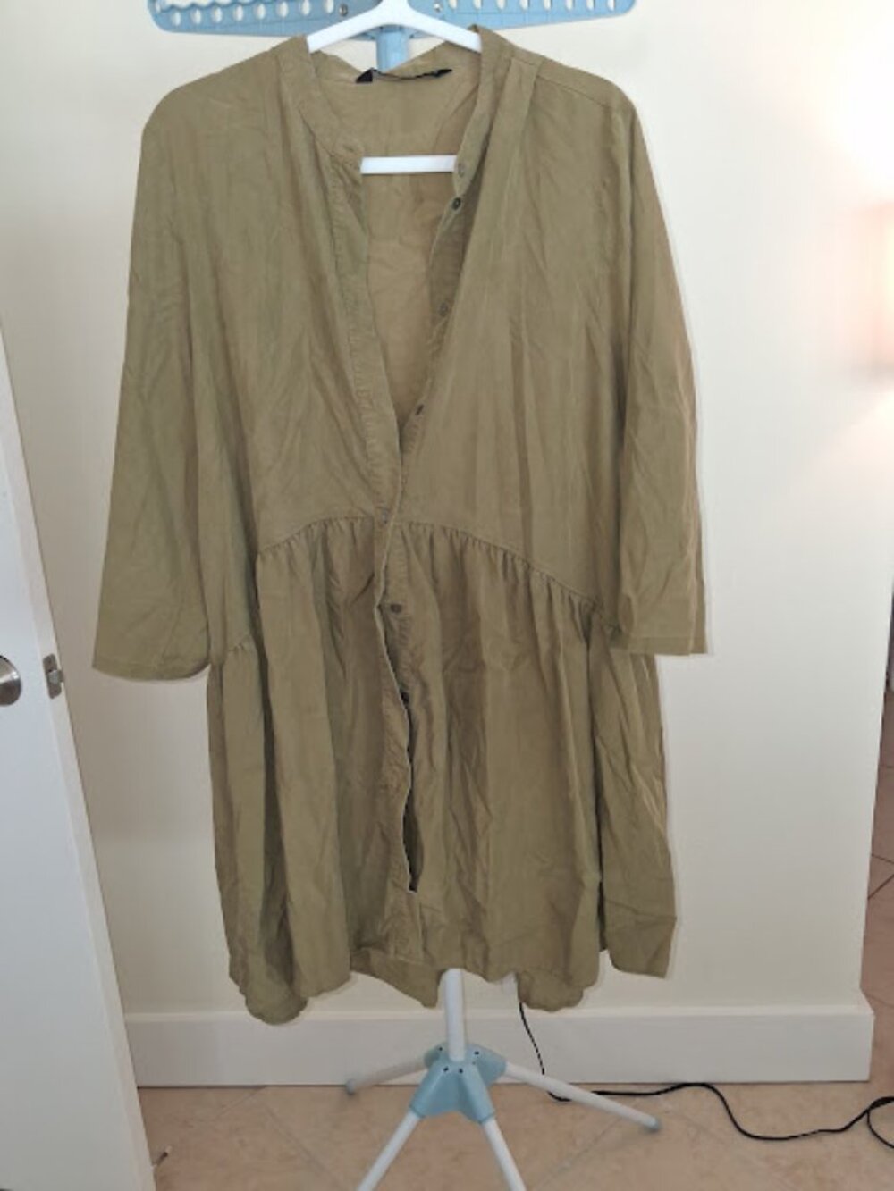 ZARA Khaki Olive Green Linen Blend Tiered Babydoll Dress